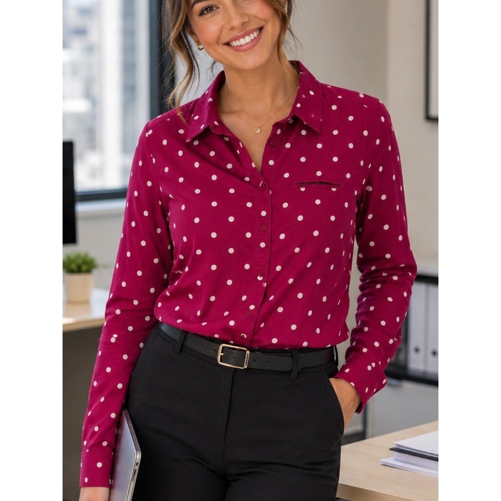 Tommy Hilfiger Womens Button Down Magenta Pink Medium Polka Dot Preppy Blouse